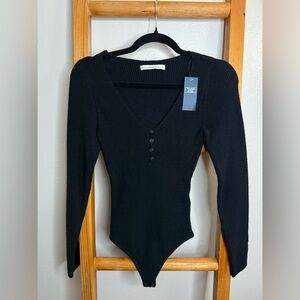 Black Long Sleeve Ribbed Sweater Bodysuit